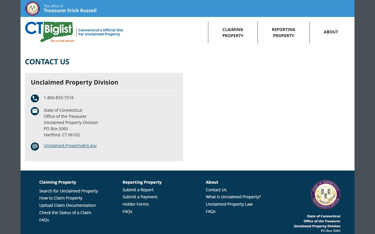 Connecticut Unclaimed Property Division contact information