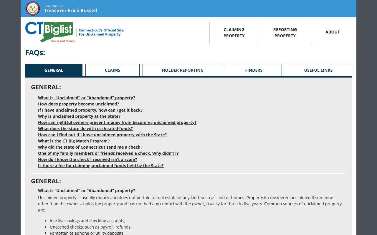 Connecticut unclaimed property FAQ page with program details