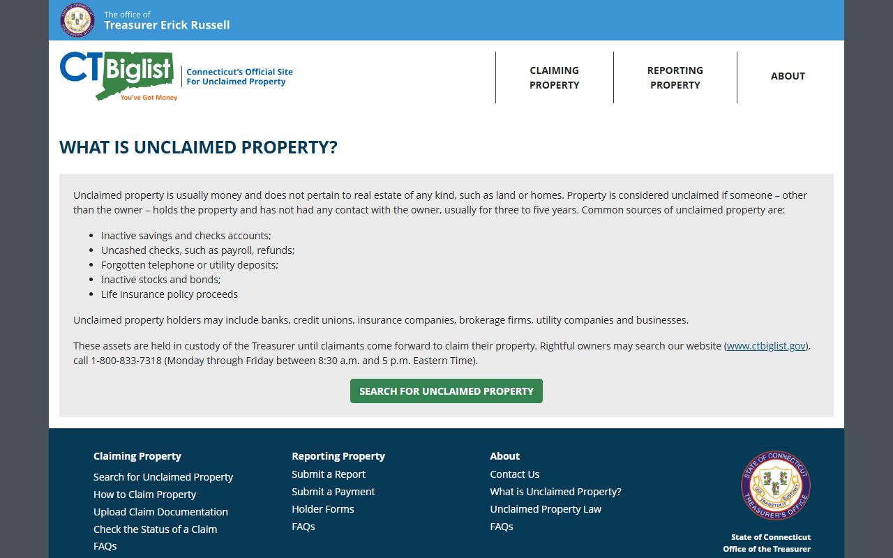 Connecticut state information page explaining what is unclaimed property
